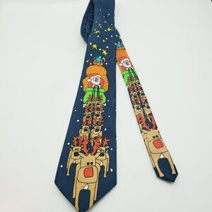 Creative Apparel Group LTD Tie White/Navy Santa Sleigh Reindeer Christmas Men's
